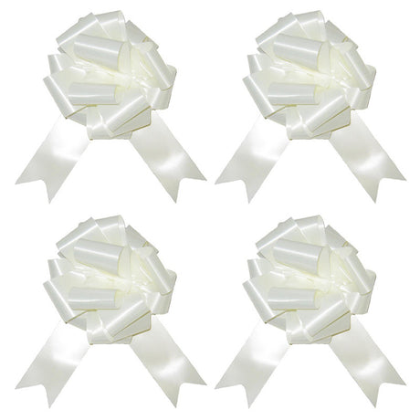 The image shows a set of four white pull bows, each measuring approximately 5 cm, commonly used as decorative accessories for parties or gift wrapping.