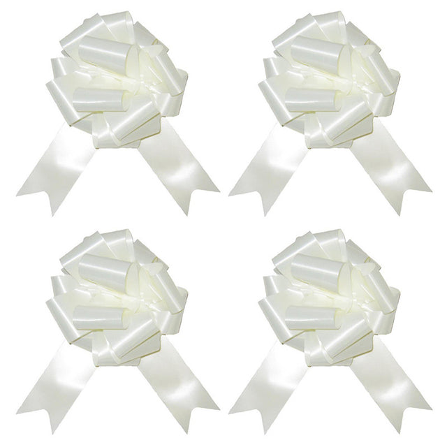 The image shows a set of four white pull bows, each measuring approximately 5 cm, commonly used as decorative accessories for parties or gift wrapping.