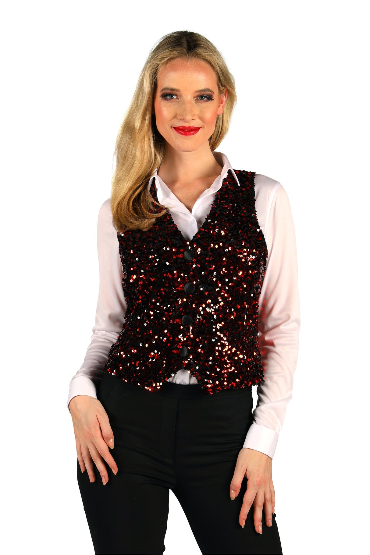 Gilet Paillettes Femme Westend Rouge Noir - Déguisement Soirée Festive