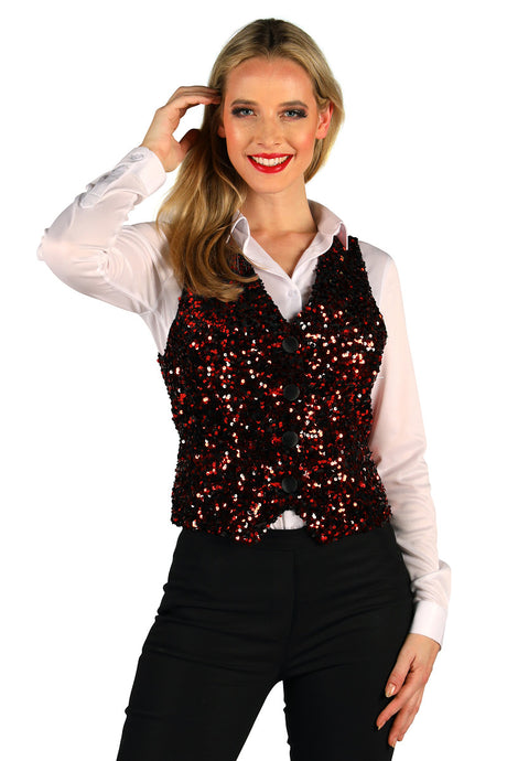 Gilet Paillettes Femme Westend Rouge Noir - Déguisement Soirée Festive
