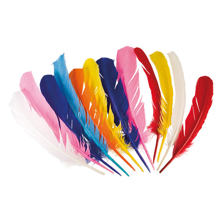 Set of 12 colorful chicken feathers, 30 cm long, ideal for crafts, costumes, and Native American themed decorations.