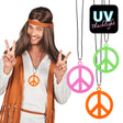 Hippie necklace with three assorted UV-reactive colors, round 8.5 cm pendant, retro 60s and 70s style jewelry for adults, made of PVC, polyester, and iron.