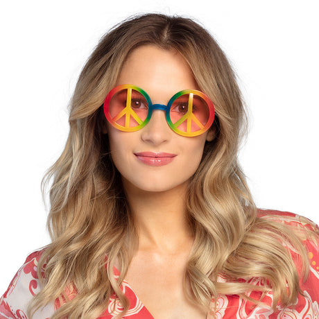 Colorful hippie party glasses with peace sign design, retro 60s and 70s style, multicolor frames for adults, ideal costume accessory.
