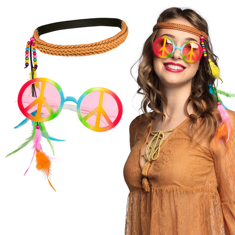 Hippie bohemian accessory set for women featuring a bandeau and party sunglasses, ideal for 60s and 70s themed costumes.