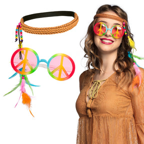 Hippie bohemian accessory set for women featuring a bandeau and party sunglasses, ideal for 60s and 70s themed costumes.