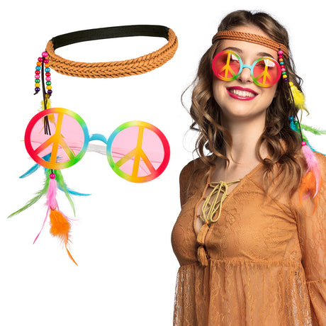 Hippie bohemian accessory set for women featuring a bandeau and party sunglasses, ideal for 60s and 70s themed costumes.