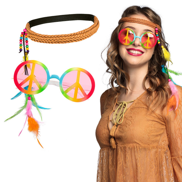 Hippie bohemian accessory set for women featuring a bandeau and party sunglasses, ideal for 60s and 70s themed costumes.