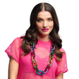 Rainbow link chain necklace for adults made of 100% ABS, colorful jewelry accessory displayed on card packaging.