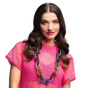Rainbow link chain necklace for adults made of 100% ABS, colorful jewelry accessory displayed on card packaging.