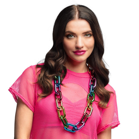 Rainbow link chain necklace for adults made of 100% ABS, colorful jewelry accessory displayed on card packaging.