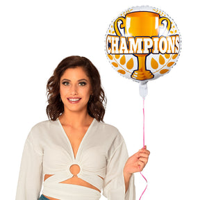 Round aluminum balloon with "Champions" design, 45 cm diameter, double-sided, helium compatible, ideal for sports celebrations and party decorations.