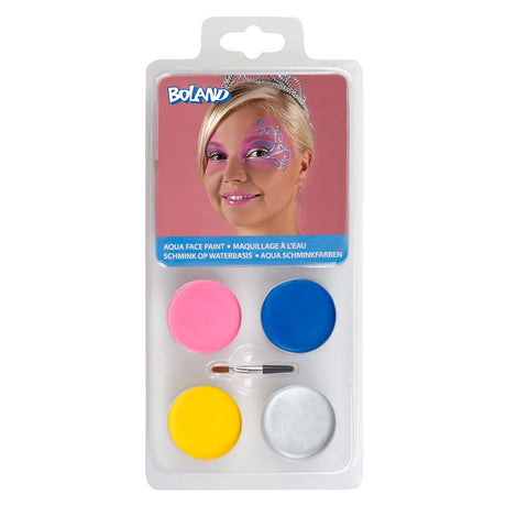 Princess water-based makeup palette with four color pots and applicator, fairy tale themed, ideal for girls and women, packaged in a blister pack.