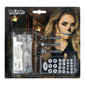 Diamond skull makeup kit with water-based cream makeup, three makeup sticks, glitter gel, and a sheet of 25 decorative face gems, ideal for Halloween skeleton and dungeon costumes.