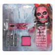 Diamond Catrina makeup kit with face paint sticks, cream makeup, glitter gel, rhinestones, and applicator for Day of the Dead and Halloween face painting.
