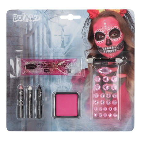 Diamond Catrina makeup kit with face paint sticks, cream makeup, glitter gel, rhinestones, and applicator for Day of the Dead and Halloween face painting.