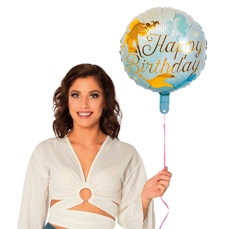 Mermaid themed aluminum balloon with "Happy birthday" message, double-sided design, 45 cm diameter, suitable for helium, perfect for birthday party decorations.