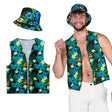 Tourist costume set for adults featuring a hat and vest in medium or large size, made of 100% polyester, ideal for Hawaii-themed parties or costume events.