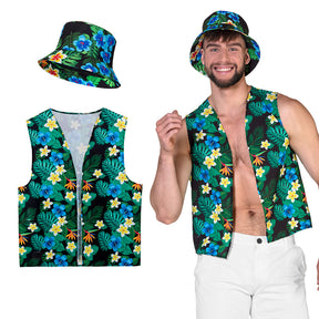 Tourist costume set for adults featuring a hat and vest in medium or large size, made of 100% polyester, ideal for Hawaii-themed parties or costume events.