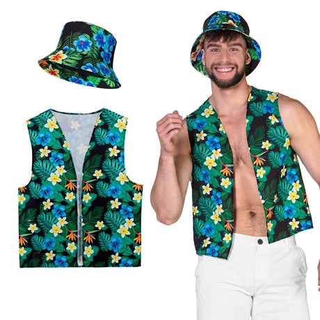 Tourist costume set for adults featuring a hat and vest in medium or large size, made of 100% polyester, ideal for Hawaii-themed parties or costume events.