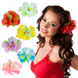 Hibiscus hair accessory for women in six assorted colors with clip, made of polyester and polypropylene, ideal for Hawaiian-themed outfits.