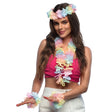 Pastel Hawaii set featuring a bandeau, Hawaiian necklace, and two bracelets for adults, made from polyester and polyethylene, ideal for tropical party costumes.