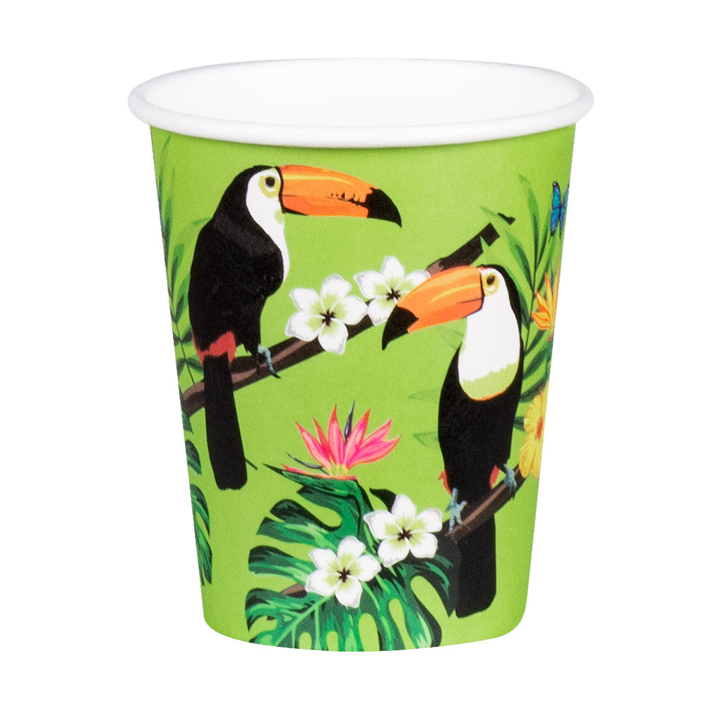Set of 10 paper cups with toucan design, 25 cl capacity, eco-friendly disposable party cups for tropical or Hawaii-themed events.
