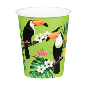 Set of 10 paper cups with toucan design, 25 cl capacity, eco-friendly disposable party cups for tropical or Hawaii-themed events.