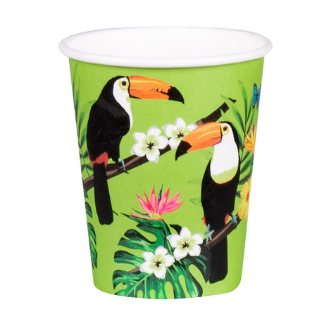 Set of 10 paper cups with toucan design, 25 cl capacity, eco-friendly disposable party cups for tropical or Hawaii-themed events.