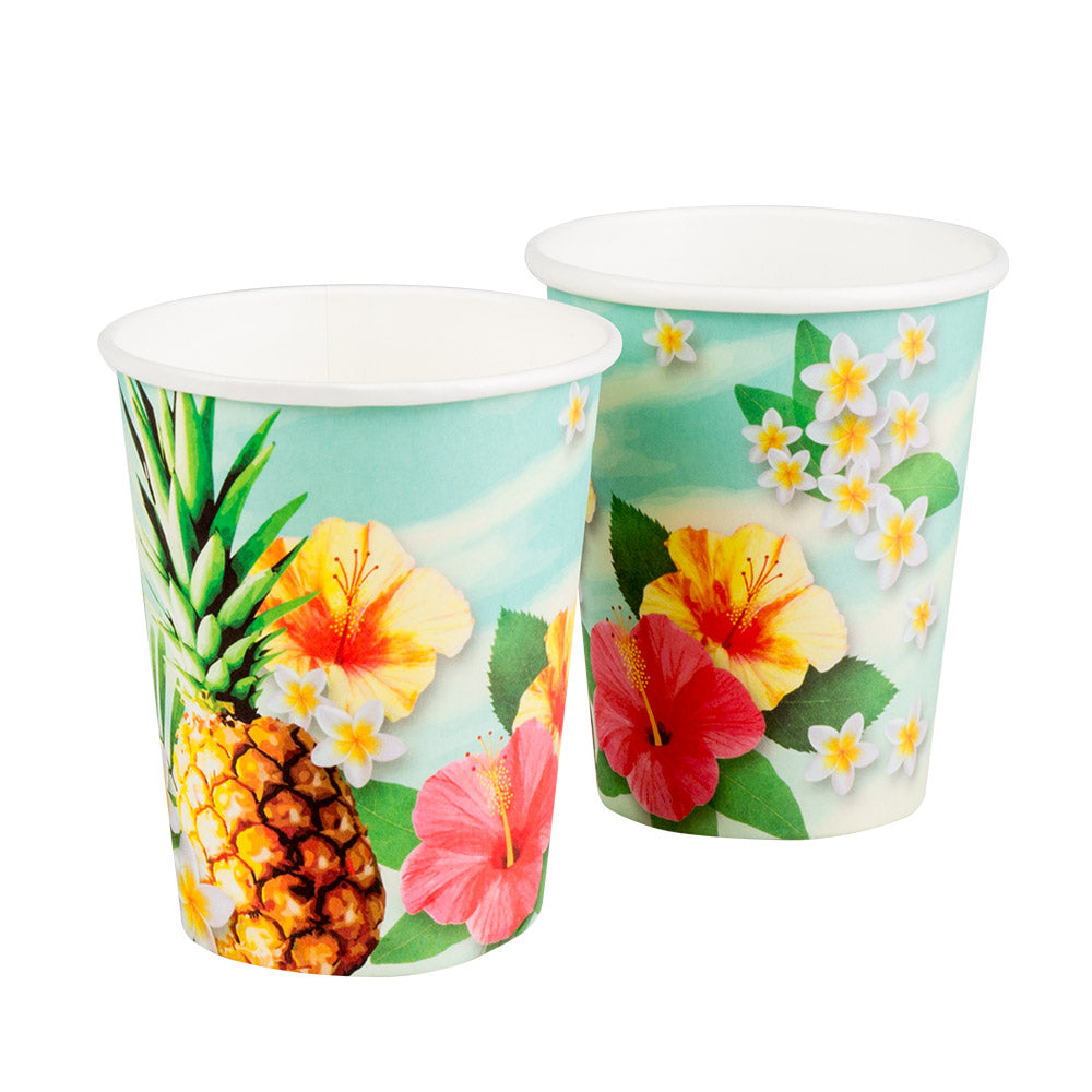 Set of 10 Paradise paper cups, 25 cl capacity, eco-friendly disposable drinkware with tropical Hawaii theme, ideal for parties and events.