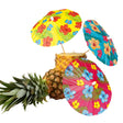 Set of 6 mini hibiscus cocktail parasols, 18 cm diameter, made of wood and paper, perfect for tropical Hawaii-themed drinks and party decorations.