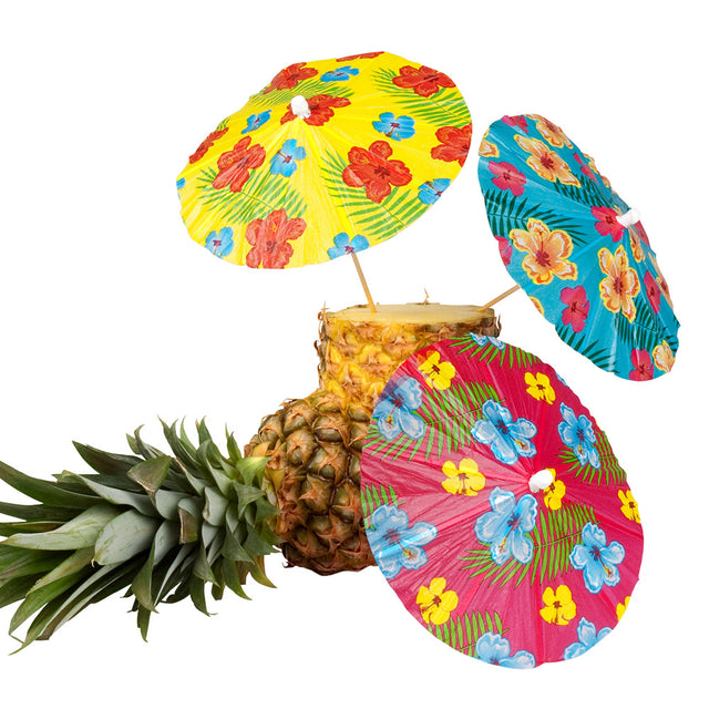 Set of 6 mini hibiscus cocktail parasols, 18 cm diameter, made of wood and paper, perfect for tropical Hawaii-themed drinks and party decorations.