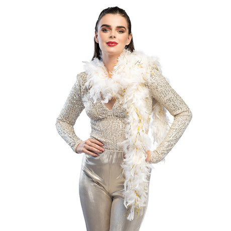 White and gold glamour feather boa, 180 cm long, made from cock feathers and cotton, ideal costume accessory for adults.