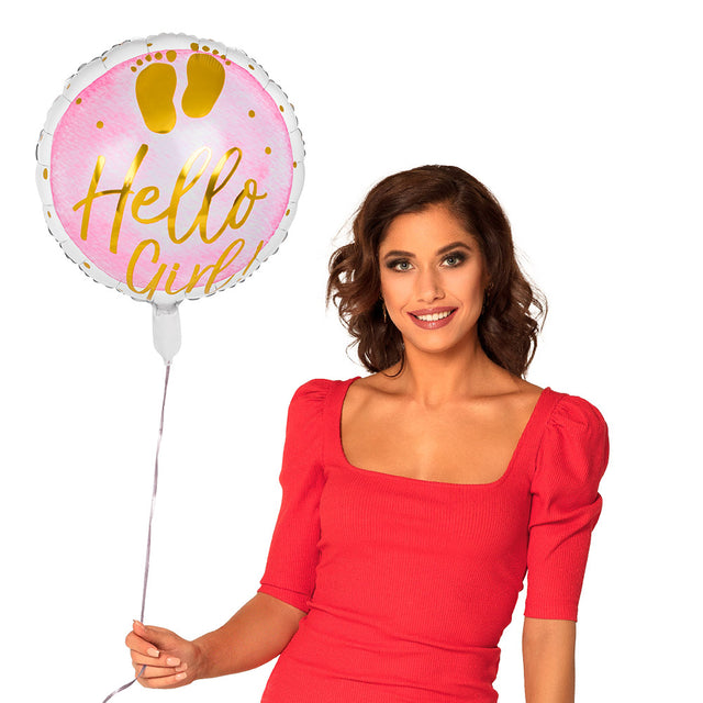 Round aluminum balloon with "Hello girl!" text, double-sided design, 45 cm diameter, suitable for helium, ideal for baby celebrations and gender reveal parties.