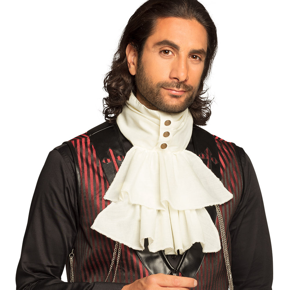 Steampunk jabot accessory for adults made of 100% polyester, suitable for men and women, displayed on an insert card.