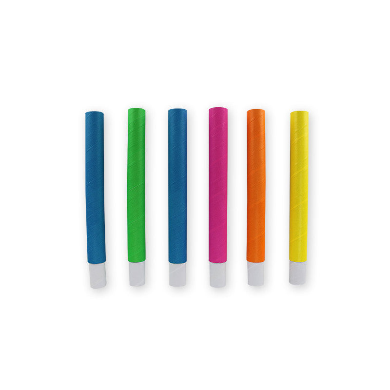 The image shows a set of six brightly colored party blowpipes (sarbacanes) with matching neon paper balls, arranged on a white background.