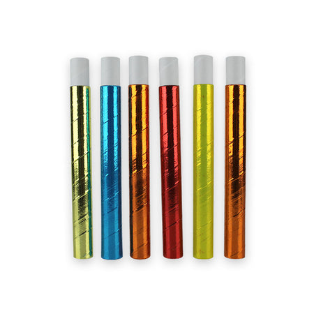 The image shows a set of metallic-colored party blowers (sarbacanes) arranged in a row, each with a shiny, reflective finish in various colors.