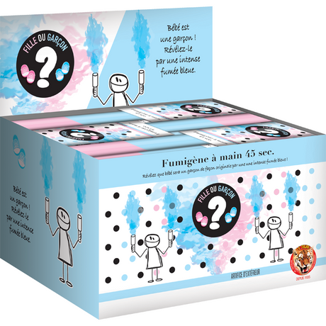 Fumigène à main pour baby shower et gender reveal, dégage une fumée épaisse et intense bleu ou rose layette, allumage simple au briquet pour un effet spectaculaire d'annonce de sexe