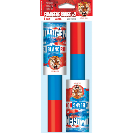 Fumigène tricolore portable pour événements sportifs et célébrations du 14 juillet, libère une fumée en trois couleurs se succédant pendant environ 45 secondes, usage extérieur, âge minimum 18 ans.
