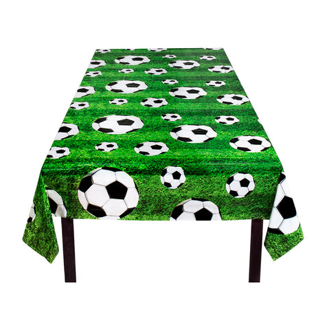 Polyethylene football tablecloth measuring 120 x 180 cm, ideal for sports-themed parties and events.