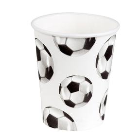 Set of 10 disposable paper football cups, 25 cl capacity, ideal for sports-themed parties and events.