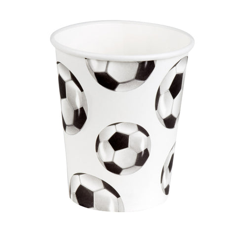 Set of 10 disposable paper football cups, 25 cl capacity, ideal for sports-themed parties and events.