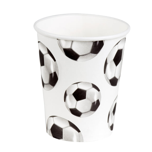 Set of 10 disposable paper football cups, 25 cl capacity, ideal for sports-themed parties and events.