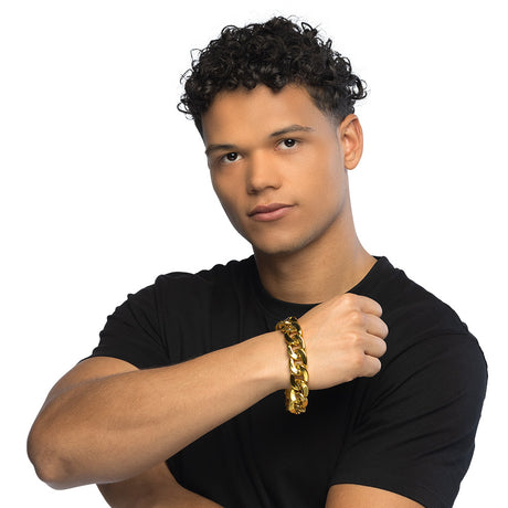 Gold men's bracelet made of 100% ABS, stylish jewelry accessory for adults, displayed with hangtag packaging.