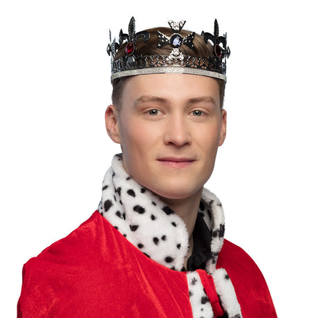 Silver metal royal king crown for adults, elegant jewelry accessory made of iron and acrylic, perfect for men and women, displayed in a gift box.