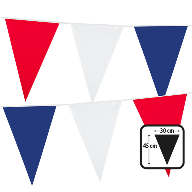 Large tricolor polyethylene flag bunting with 18 flags measuring 45 x 30 cm each, 10 meters long, ideal for national celebrations and events.