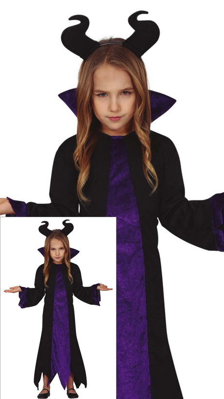 Girls' black and lilac polyester Maleficent fairy costume for ages 10 to 12, perfect for Halloween, fairy tale, or medieval themed events.