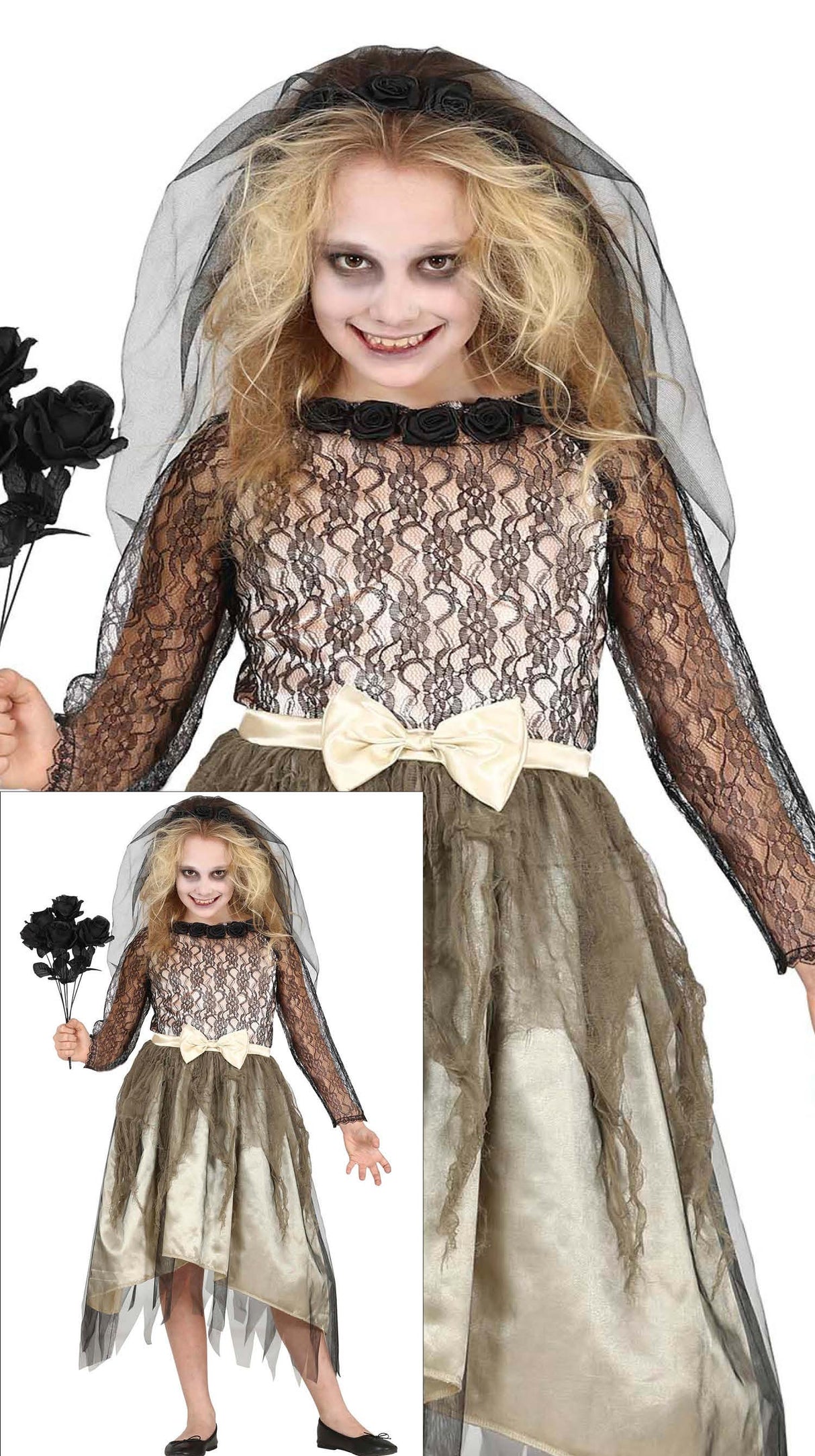 Child ghost bride Halloween costume for girls ages 10 to 12 in white and gray polyester, perfect for spooky dress-up and themed parties.