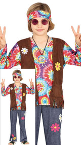 Colorful hippie costume for boys ages 7 to 9, made of polyester, perfect for 60s themed parties and children's dress up.