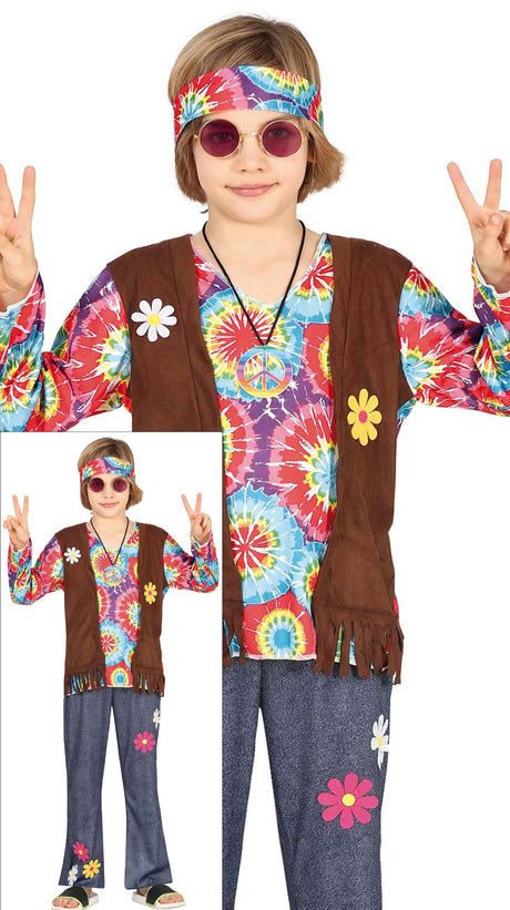 Colorful hippie costume for boys ages 7 to 9, made of polyester, perfect for 60s themed parties and children's dress up.