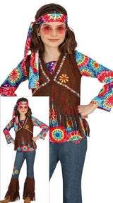 Colorful hippie costume for girls aged 5 to 6, made of polyester, ideal for 60s themed parties and dress-up events.